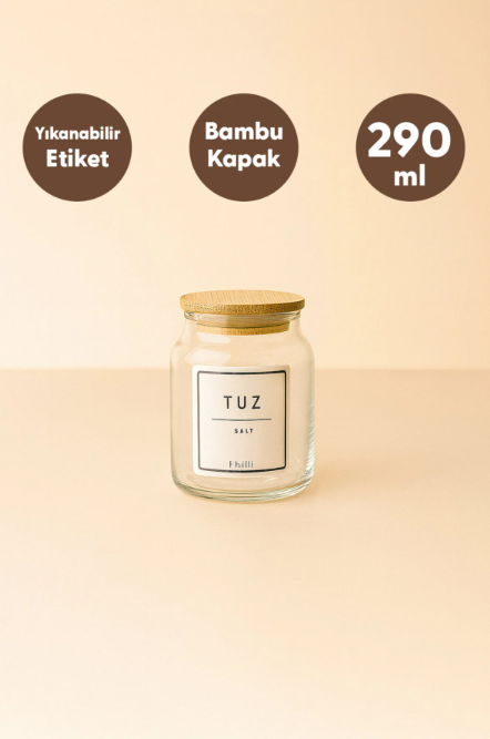 Fhilli Zenith - 6'lı Bambu Vakum Kapaklı Etiket Hediyeli Cam Saklama Kabı Baharatlık Seti 290 cc