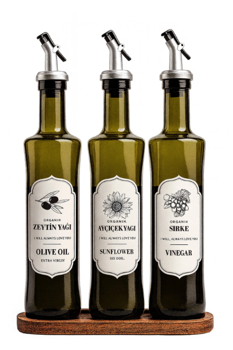Fhilli Trio-3'lü Cam Yağlık & Sirkelik Seti Zeytinyağı, Ayçiçek Yağı ve Sirke Şişesi Damlatmaz Tıpalı 500ml
