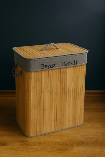 Fhilli Katlanabilir 2 Bölmeli Bambu Çamaşır Sepeti Dikdörtgen