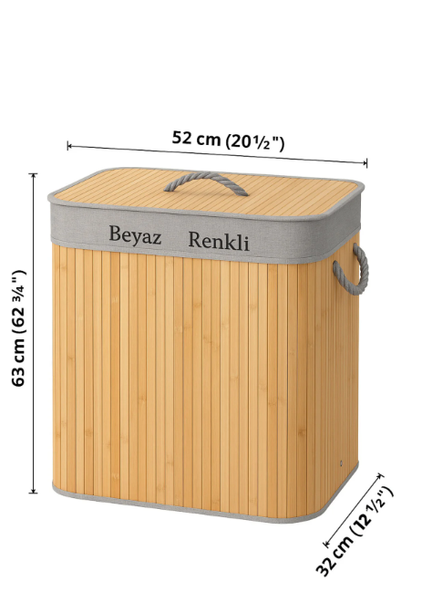 Fhilli Katlanabilir 2 Bölmeli Bambu Çamaşır Sepeti Dikdörtgen