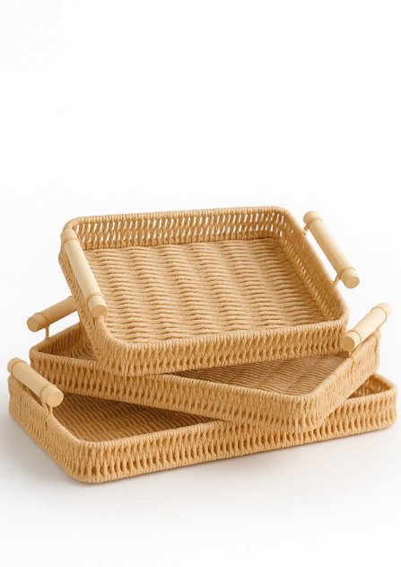 Fhilli Natura - 3'lü Rattan Hasır Servis ve Sunum Tepsisi Seti Ahşap Saplı Dekoratif Tepsi