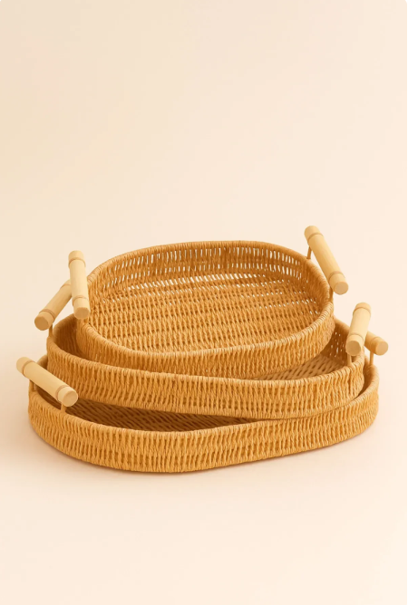 Fhilli Natura - 3'lü Rattan Hasır Servis ve Sunum Tepsisi Seti Ahşap Saplı Dekoratif Tepsi