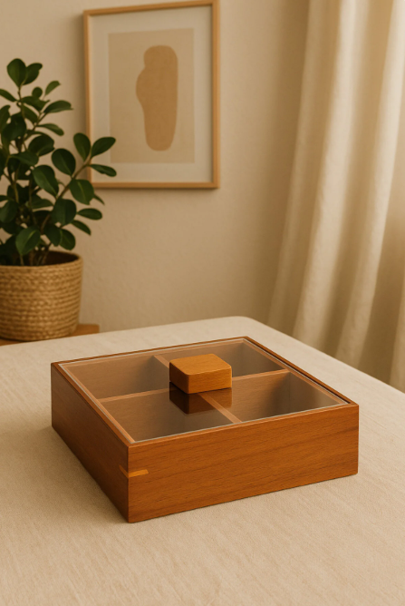 Fhilli Akasya Ahşap 6 Bölmeli Çerezlik – Pleksi Kapaklı, Kulplu Sunum ve Saklama Kutusu