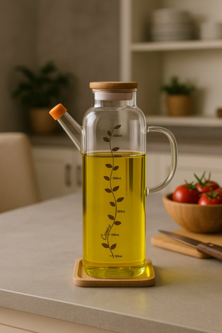 Fhilli Cambu Bambu Tabaklı ve Bambu Kapaklı Kare Cam Yağlık 1000 ml