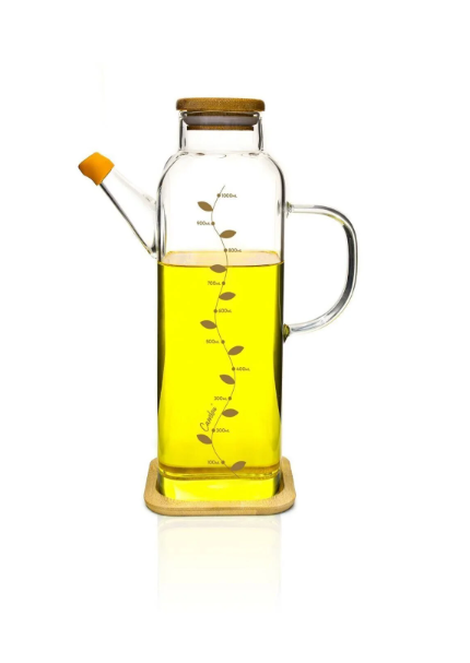 Fhilli Cambu Bambu Tabaklı ve Bambu Kapaklı Kare Cam Yağlık 1000 ml