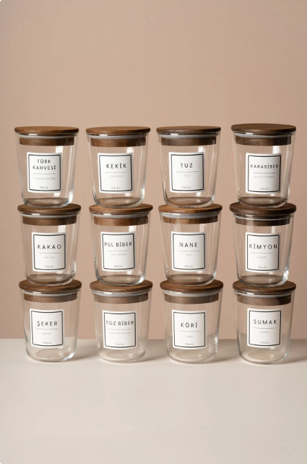 Fhilli Motto -Tulip Ağacı Vakum Kapaklı Etiket Hediyeli Cam Saklama Kabı Baharatlık Seti 315 ml