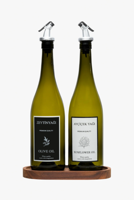 Fhilli Assos Ahşap Standlı Damlatmaz Zeytinyağı ve Sıvıyağ Şişesi 750 CC Cam Yağdanlık Seti