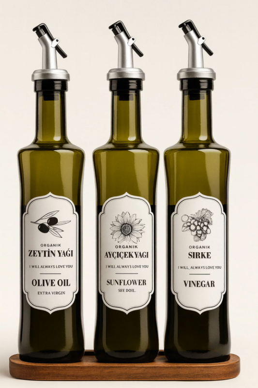 Fhilli Trio-3'lü Cam Yağlık & Sirkelik Seti Zeytinyağı, Ayçiçek Yağı ve Sirke Şişesi Damlatmaz Tıpalı 500ml