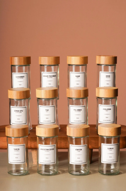 Fhilli Tokyo - Tohana Bambu Kapaklı 12'Li Cam Yuvarlak Baharatlık 90 ml Etiket Hediyeli