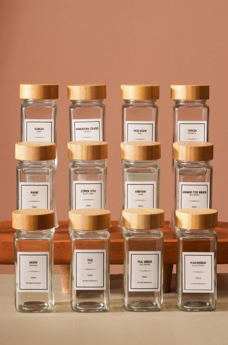 Fhilli Tokyo - Tohana Bambu Kapaklı 12'Li Cam Kare Baharatlık 125 ml Etiket Hediyeli