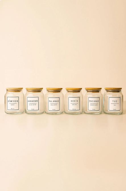 Fhilli Zenith - 6'lı Bambu Vakum Kapaklı Etiket Hediyeli Cam Saklama Kabı Baharatlık Seti 290 cc