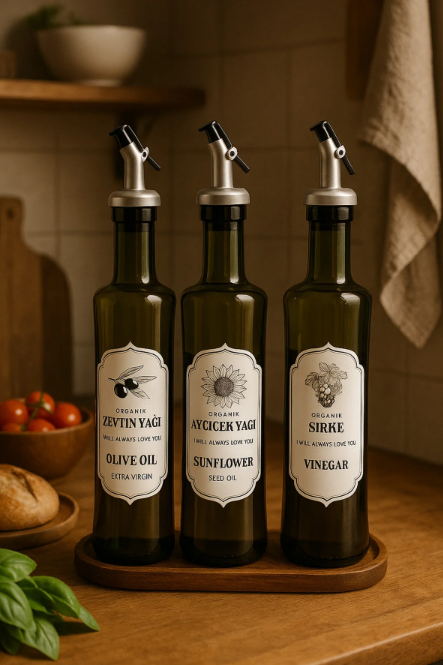 Fhilli Trio-3'lü Cam Yağlık & Sirkelik Seti Zeytinyağı, Ayçiçek Yağı ve Sirke Şişesi Damlatmaz Tıpalı 500ml