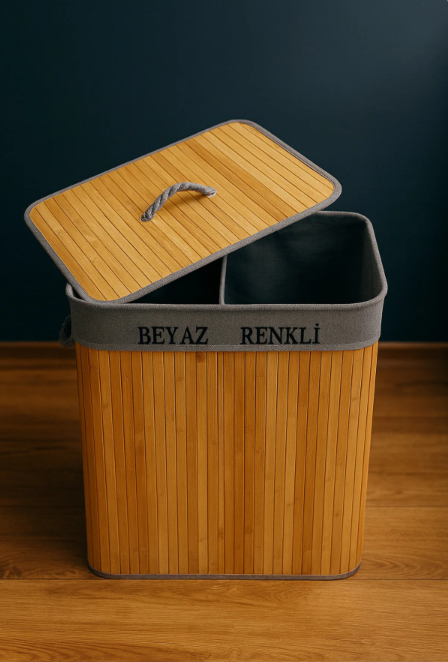 Fhilli Katlanabilir 2 Bölmeli Bambu Çamaşır Sepeti Dikdörtgen