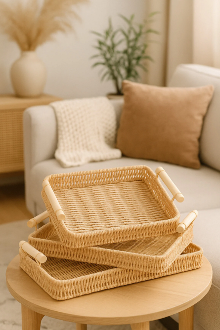 Fhilli Natura - 3'lü Rattan Hasır Servis ve Sunum Tepsisi Seti Ahşap Saplı Dekoratif Tepsi