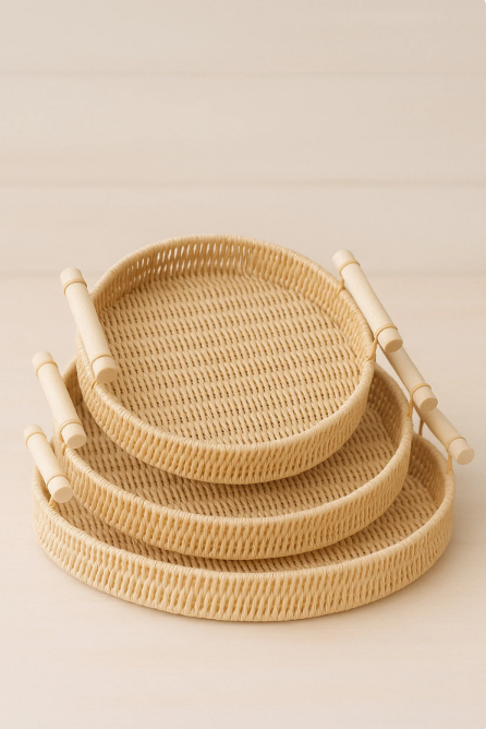 Fhilli Natura - 3'lü Rattan Hasır Servis ve Sunum Tepsisi Seti Ahşap Saplı Dekoratif Tepsi