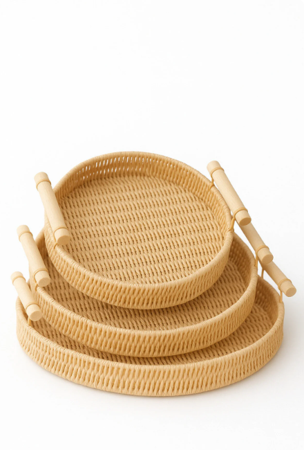 Fhilli Natura - 3'lü Rattan Hasır Servis ve Sunum Tepsisi Seti Ahşap Saplı Dekoratif Tepsi