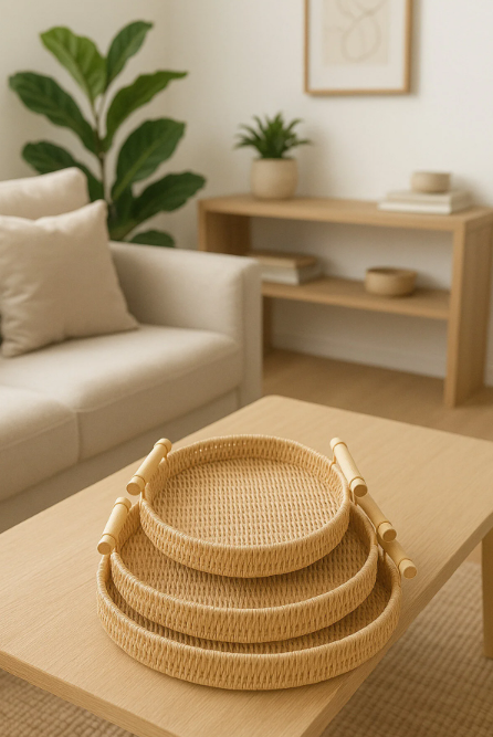 Fhilli Natura - 3'lü Rattan Hasır Servis ve Sunum Tepsisi Seti Ahşap Saplı Dekoratif Tepsi