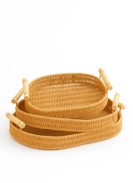 Fhilli Natura - 3'lü Rattan Hasır Servis ve Sunum Tepsisi Seti Ahşap Saplı Dekoratif Tepsi