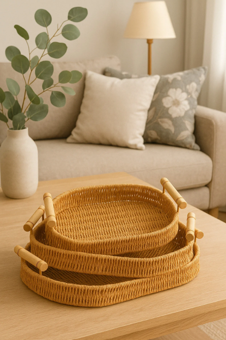 Fhilli Natura - 3'lü Rattan Hasır Servis ve Sunum Tepsisi Seti Ahşap Saplı Dekoratif Tepsi