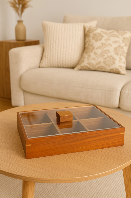 Fhilli Akasya Ahşap 6 Bölmeli Çerezlik – Pleksi Kapaklı, Kulplu Sunum ve Saklama Kutusu