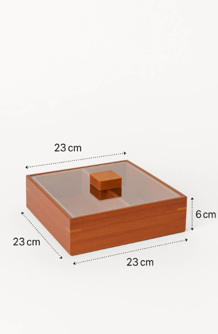 Fhilli Akasya Ahşap 6 Bölmeli Çerezlik – Pleksi Kapaklı, Kulplu Sunum ve Saklama Kutusu