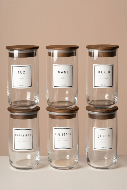 Fhilli Terra 6'Lı Vakum Kapaklı Etiket Hediyeli Cam Saklama Kabı Baharatlık Seti 365 ml