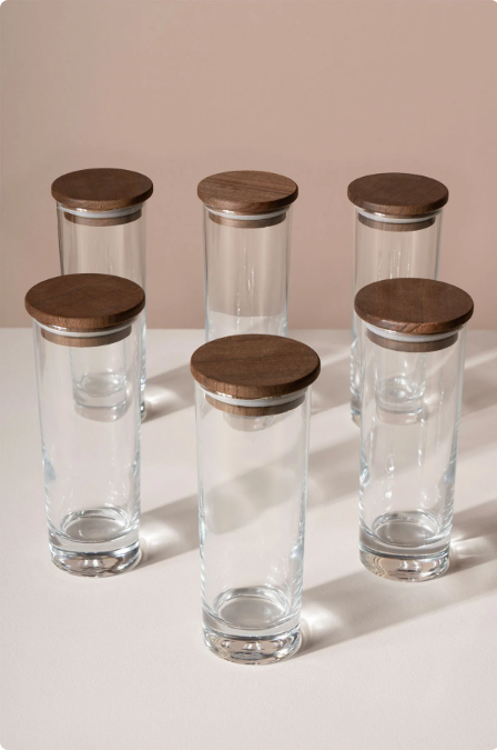 Fhilli Spice - 6'lı Tulip Ağacı Vakum Kapaklı Etiket Hediyeli Cam Saklama Kabı Baharatlık Seti 290 ml