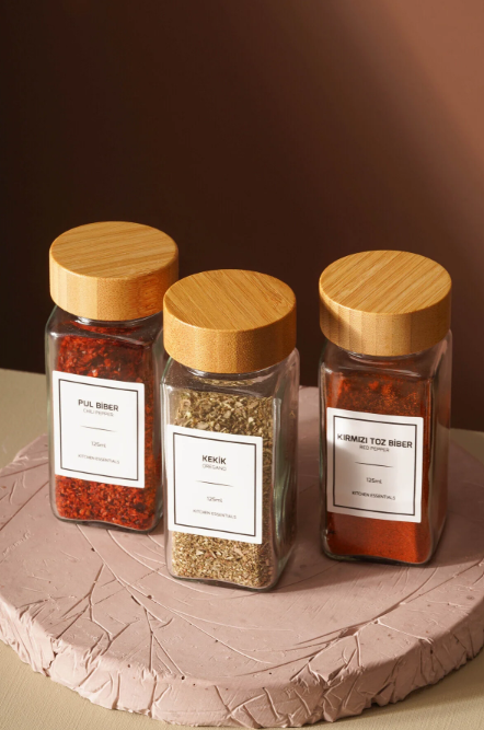 Fhilli Tokyo - Tohana Bambu Kapaklı 12'Li Cam Kare Baharatlık 125 ml Etiket Hediyeli