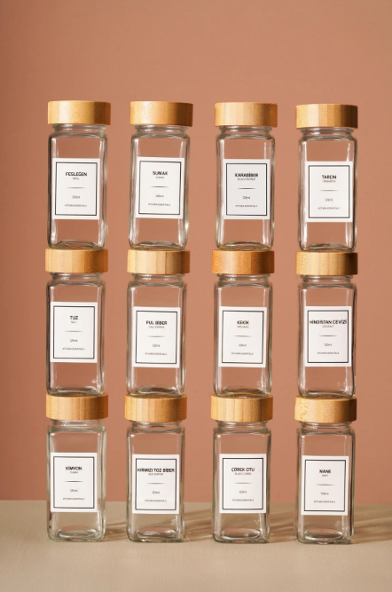 Fhilli Tokyo - Tohana Bambu Kapaklı 12'Li Cam Kare Baharatlık 125 ml Etiket Hediyeli