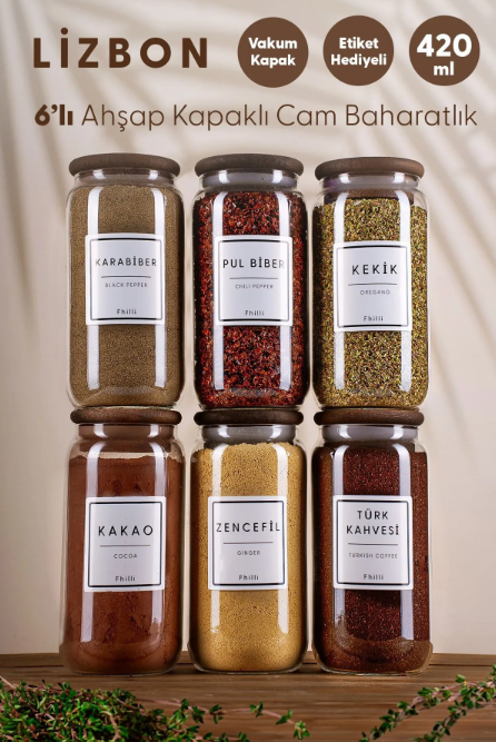Fhilli Lizbon - 6'lı Ahşap Kapaklı Vakumlu Cam Saklama Kabı Baharatlık