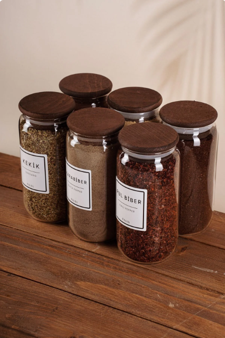 Fhilli Lizbon - 6'lı Ahşap Kapaklı Vakumlu Cam Saklama Kabı Baharatlık