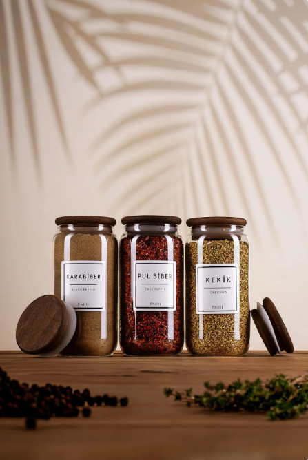 Fhilli Lizbon - 6'lı Ahşap Kapaklı Vakumlu Cam Saklama Kabı Baharatlık