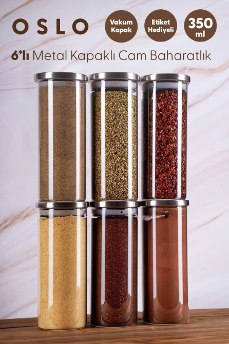 Fhilli Oslo - 6'lı Metal Kapaklı Vakumlu Cam Saklama Kabı Baharatlık 350ml