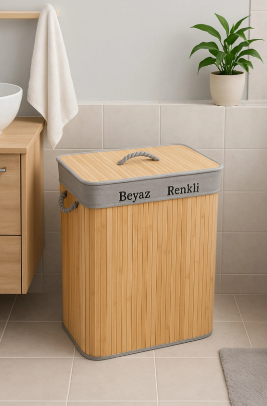 Fhilli Katlanabilir 2 Bölmeli Bambu Çamaşır Sepeti Dikdörtgen