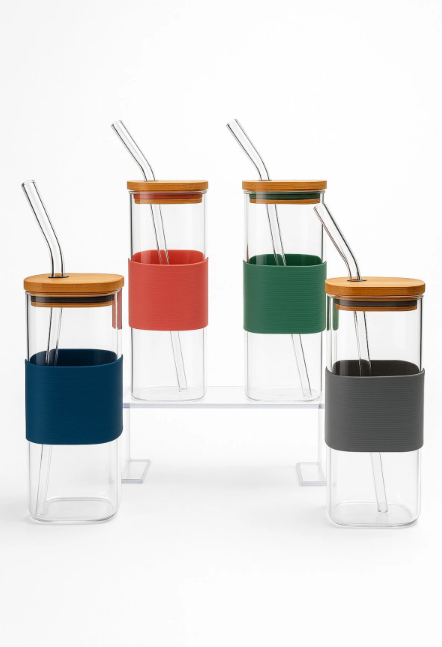 Fhilli 4'lü Kare Borosilikat Cam Bardak Seti Bambu Kapaklı Renkli Silikon Bantlı Pipetli 400 ml