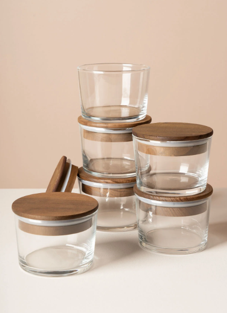 Fhilli Vetro - 6'lı Ahşap Vakum Kapaklı Cam Saklama Kabı 220 cc