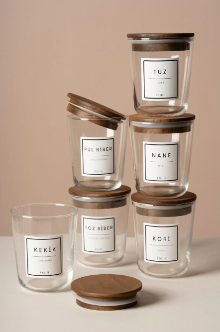 Fhilli Motto -Tulip Ağacı Vakum Kapaklı Etiket Hediyeli Cam Saklama Kabı Baharatlık Seti 315 ml