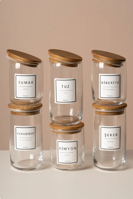 Fhilli Luna - 6'lı Çam Ağacı Vakum Kapaklı Etiket Hediyeli Cam Saklama Kabı Baharatlık Seti 280/365 ml