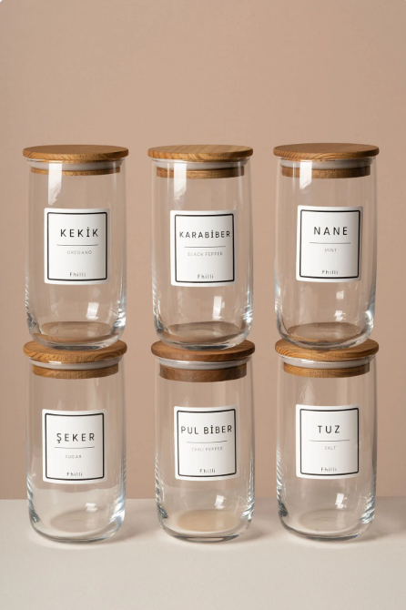 Fhilli Terra 6'Lı Vakum Kapaklı Etiket Hediyeli Cam Saklama Kabı Baharatlık Seti 365 ml