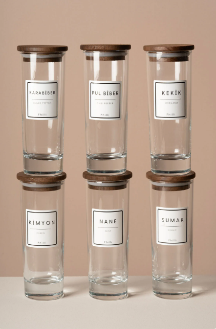 Fhilli Spice - 6'lı Tulip Ağacı Vakum Kapaklı Etiket Hediyeli Cam Saklama Kabı Baharatlık Seti 290 ml