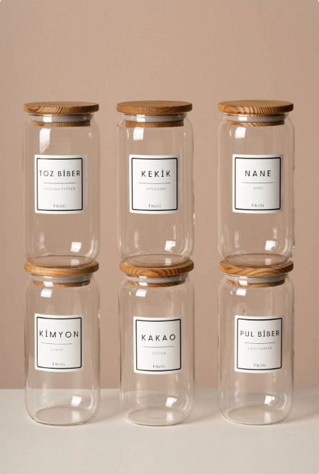 Fhilli Lizbon - 6'lı Çam Kapaklı Vakumlu Cam Saklama Kabı Baharatlık