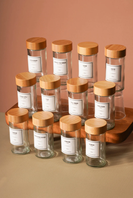 Fhilli Tokyo - Tohana Bambu Kapaklı 12'Li Cam Yuvarlak Baharatlık 90 ml Etiket Hediyeli