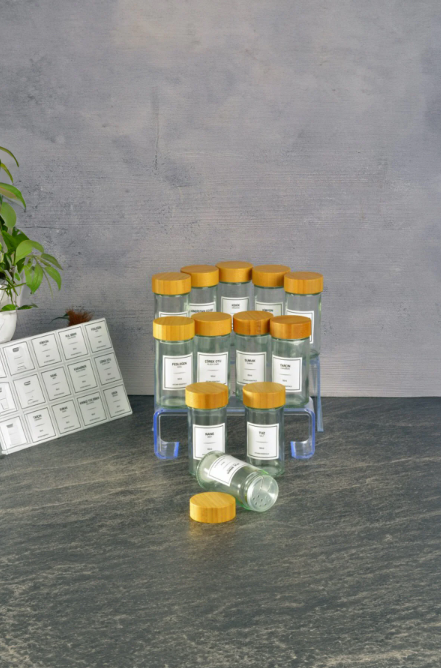 Fhilli Tokyo - Tohana Bambu Kapaklı 12'Li Cam Yuvarlak Baharatlık 90 ml Etiket Hediyeli