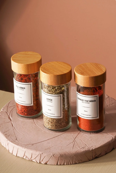 Fhilli Tokyo - Tohana Bambu Kapaklı 12'Li Cam Yuvarlak Baharatlık 90 ml Etiket Hediyeli