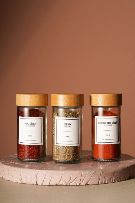 Fhilli Tokyo - Tohana Bambu Kapaklı 12'Li Cam Yuvarlak Baharatlık 90 ml Etiket Hediyeli