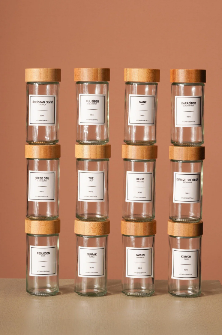 Fhilli Tokyo - Tohana Bambu Kapaklı 12'Li Cam Yuvarlak Baharatlık 90 ml Etiket Hediyeli