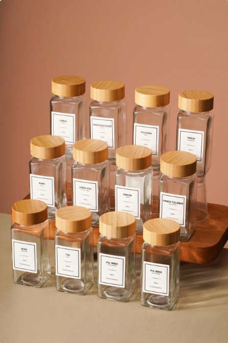 Fhilli Tokyo - Tohana Bambu Kapaklı 12'Li Cam Kare Baharatlık 125 ml Etiket Hediyeli