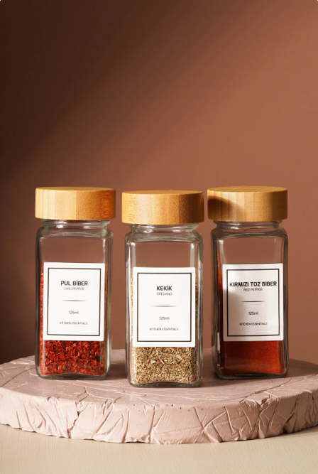 Fhilli Tokyo - Tohana Bambu Kapaklı 12'Li Cam Kare Baharatlık 125 ml Etiket Hediyeli