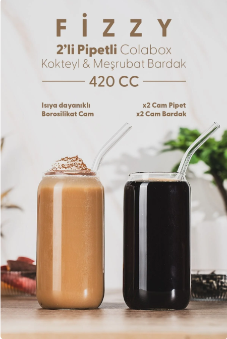 Fhilli Fizzy Pipetli Colabox Isıya Dayanıklı Borosilikat Cam Kokteyl ve Meşrubat Bardak 420CC
