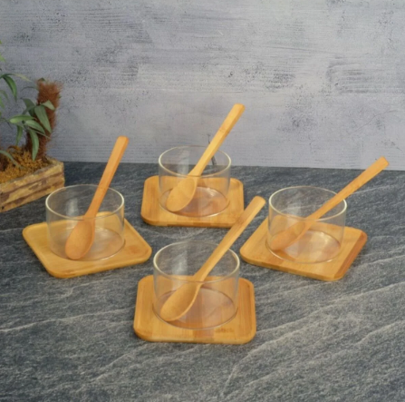 Tohana Bambu Tabaklı Cam Sufle Seti 4 Kişilik Kase Seti